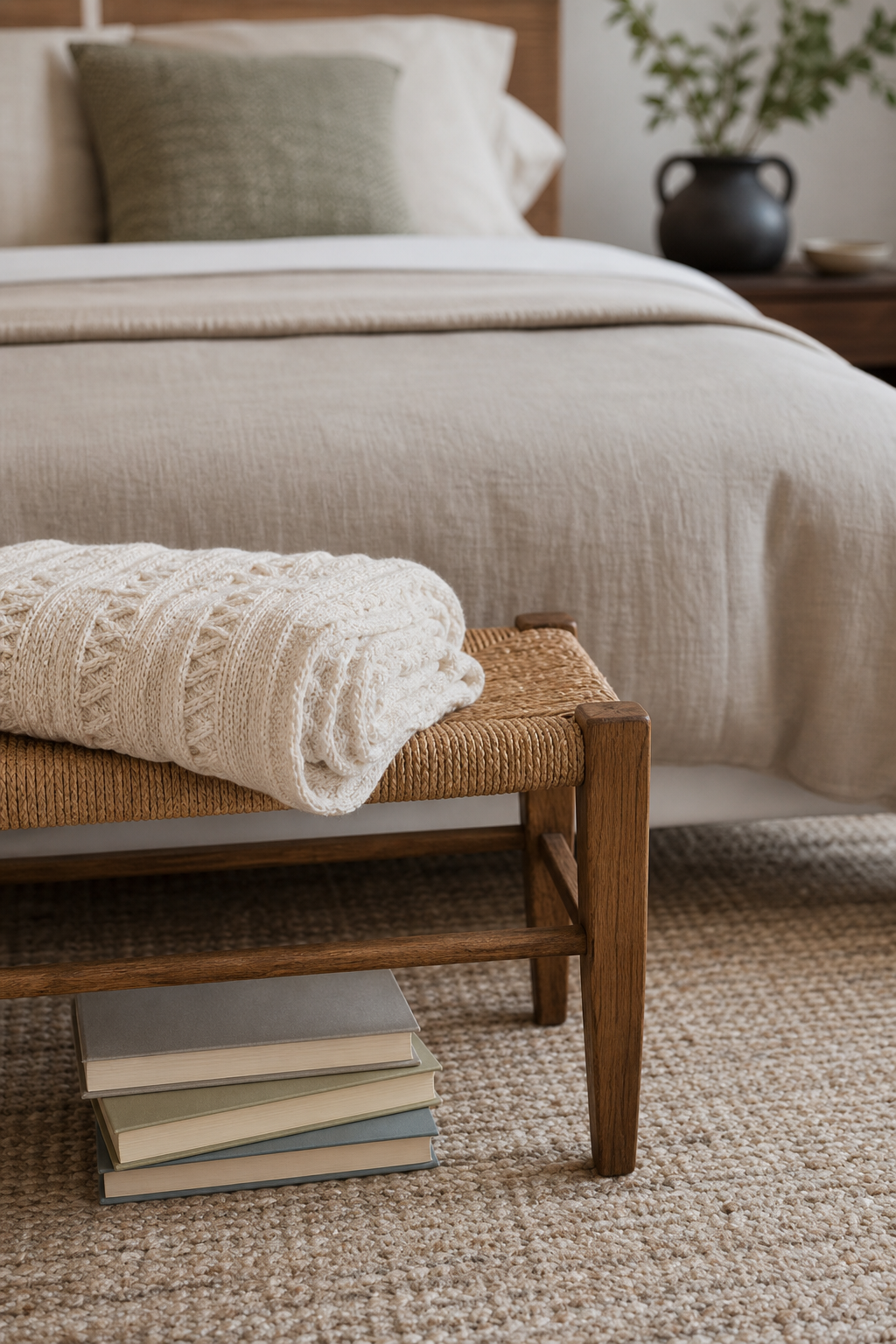 Small woven stool styled with a blanket and books at the end of a bed