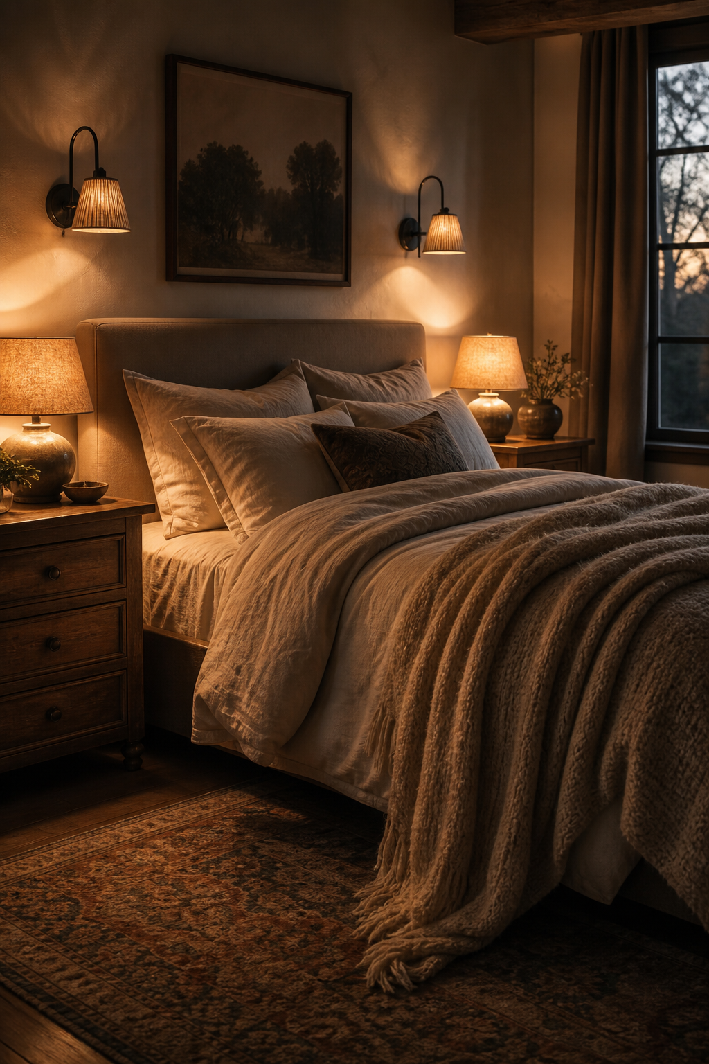 Cozy bedroom at dusk with warm bedside lamps and soft shadows
