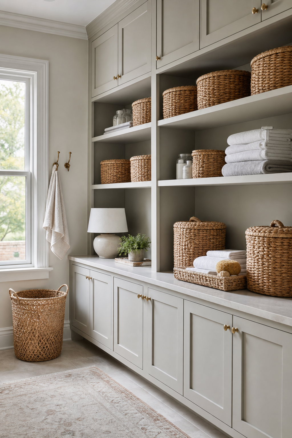 Utility space with pretty baskets hooks cabinets and folded linens