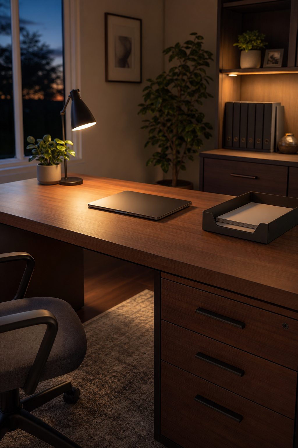 Tidy home office at end of day with clear desk, tray for papers, closed drawer storage, warm lamp glow