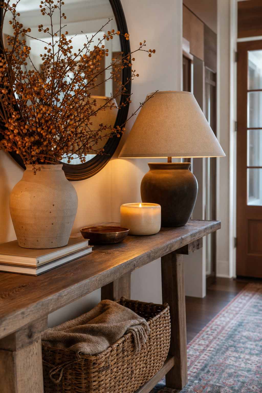 Entryway console with candle seasonal branches and warm lamp