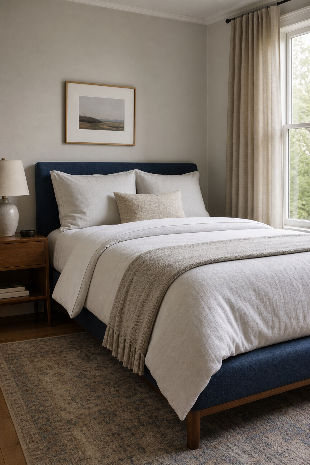 Small bedroom with tailored bedding that feels soft but controlled