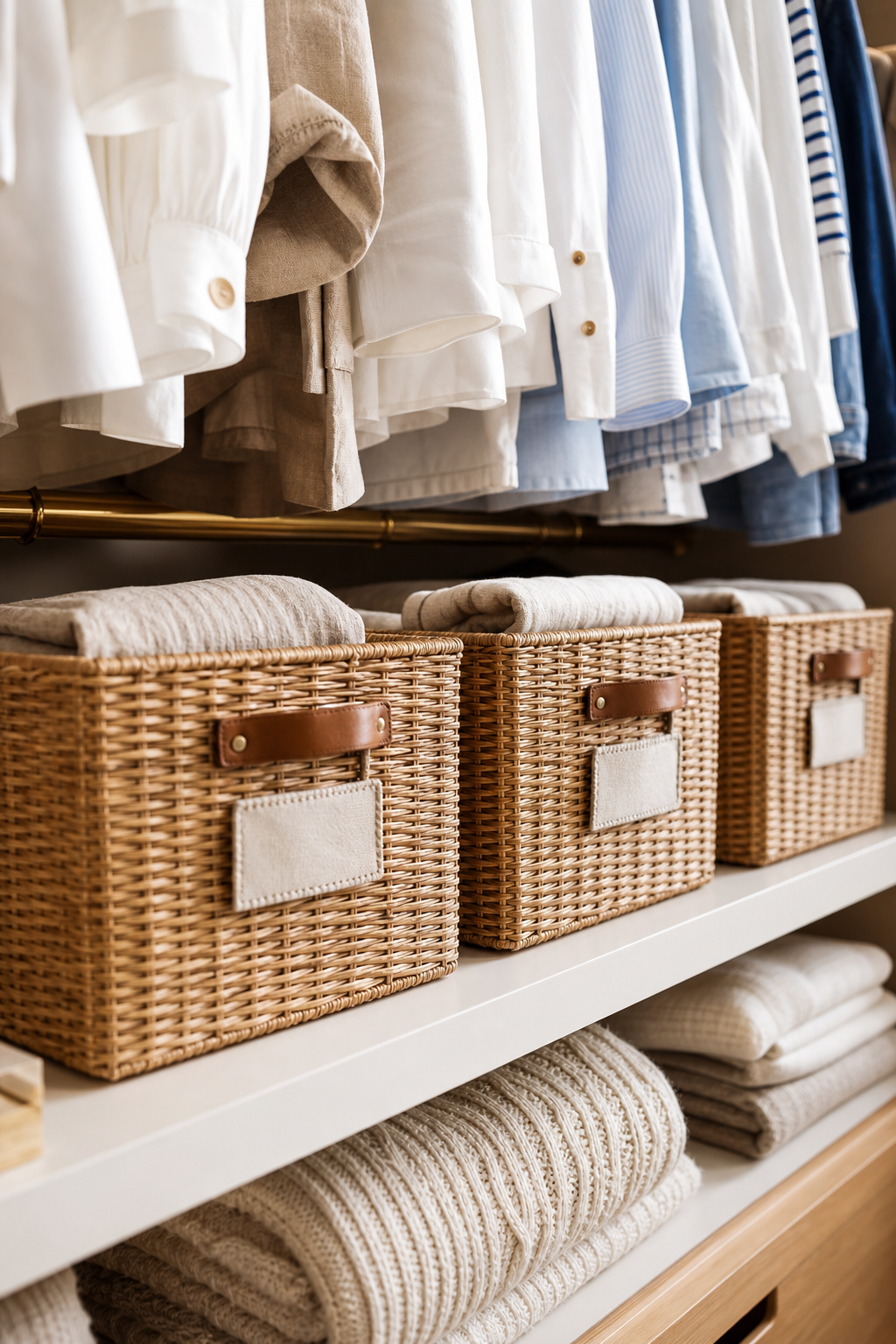 Dressing closet idea with bring in natural baskets
