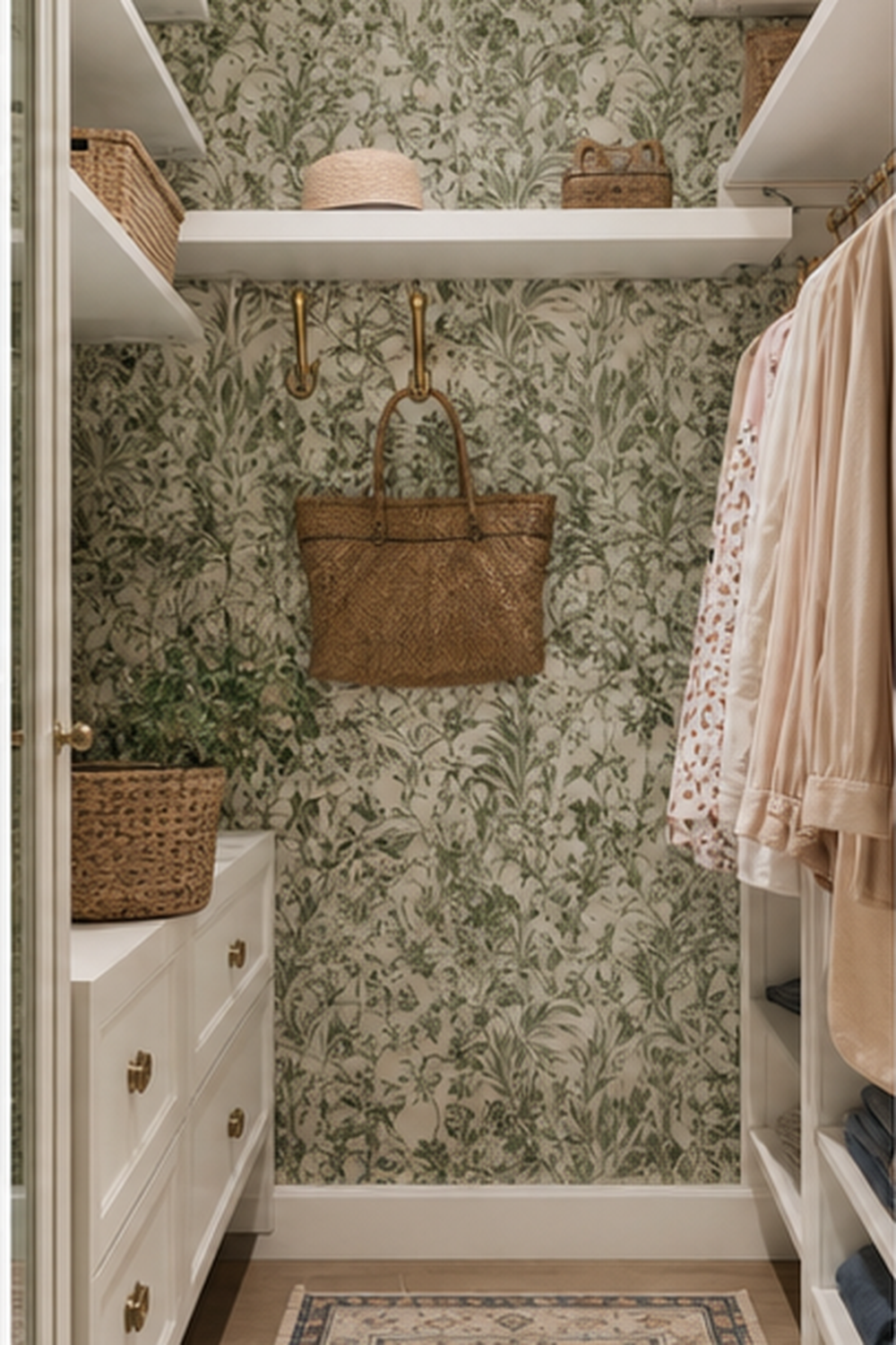 Wallpapered Back Wall for small walk-in closet ideas