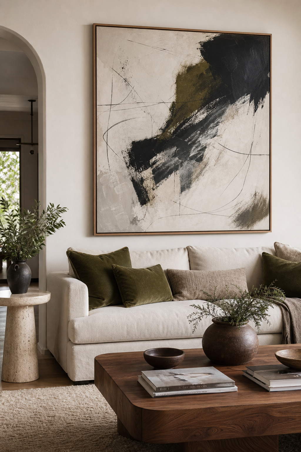 Luxury living room with large abstract artwork above a linen sofa