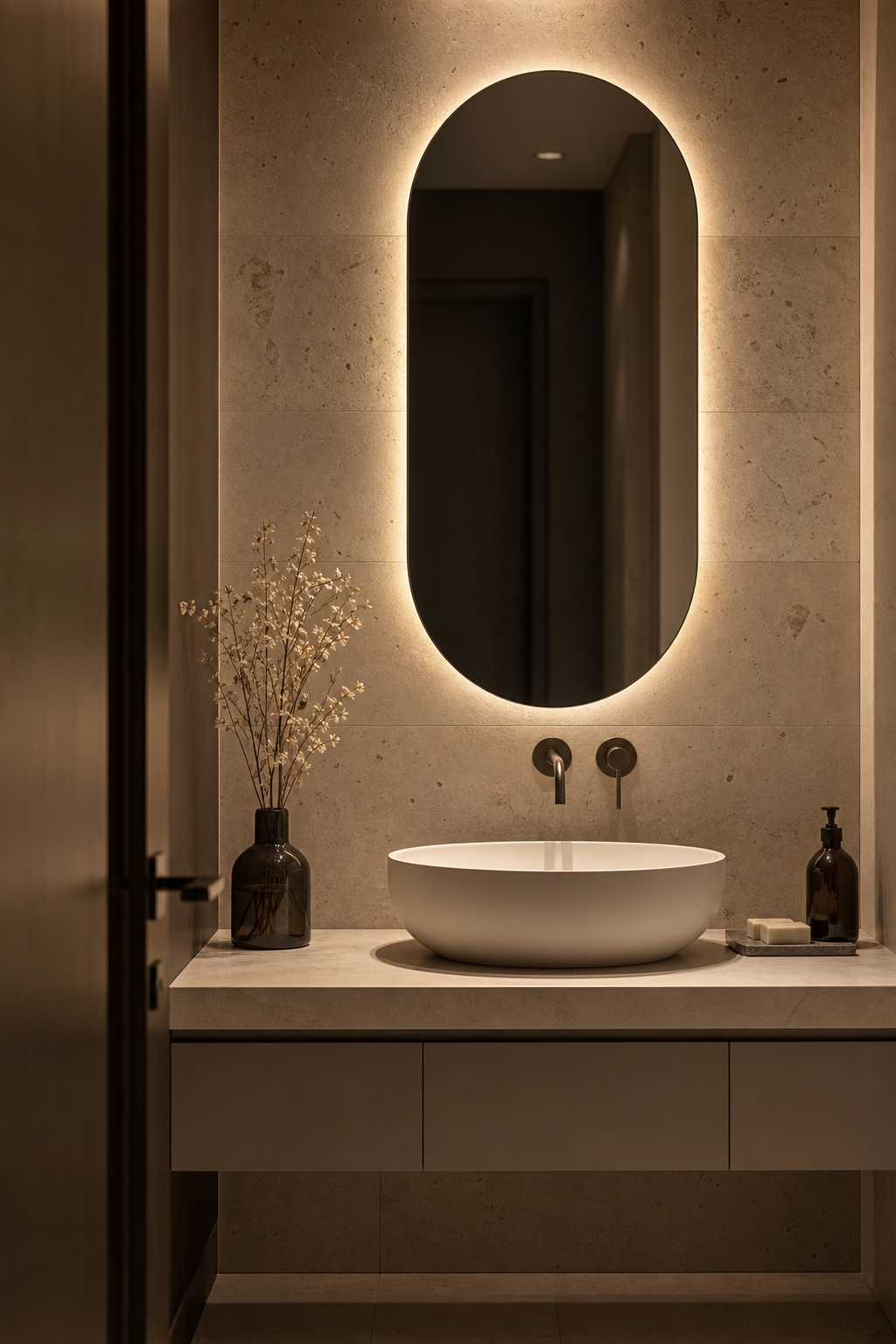 Add backlit mirror glow in a spa-like guest bathroom