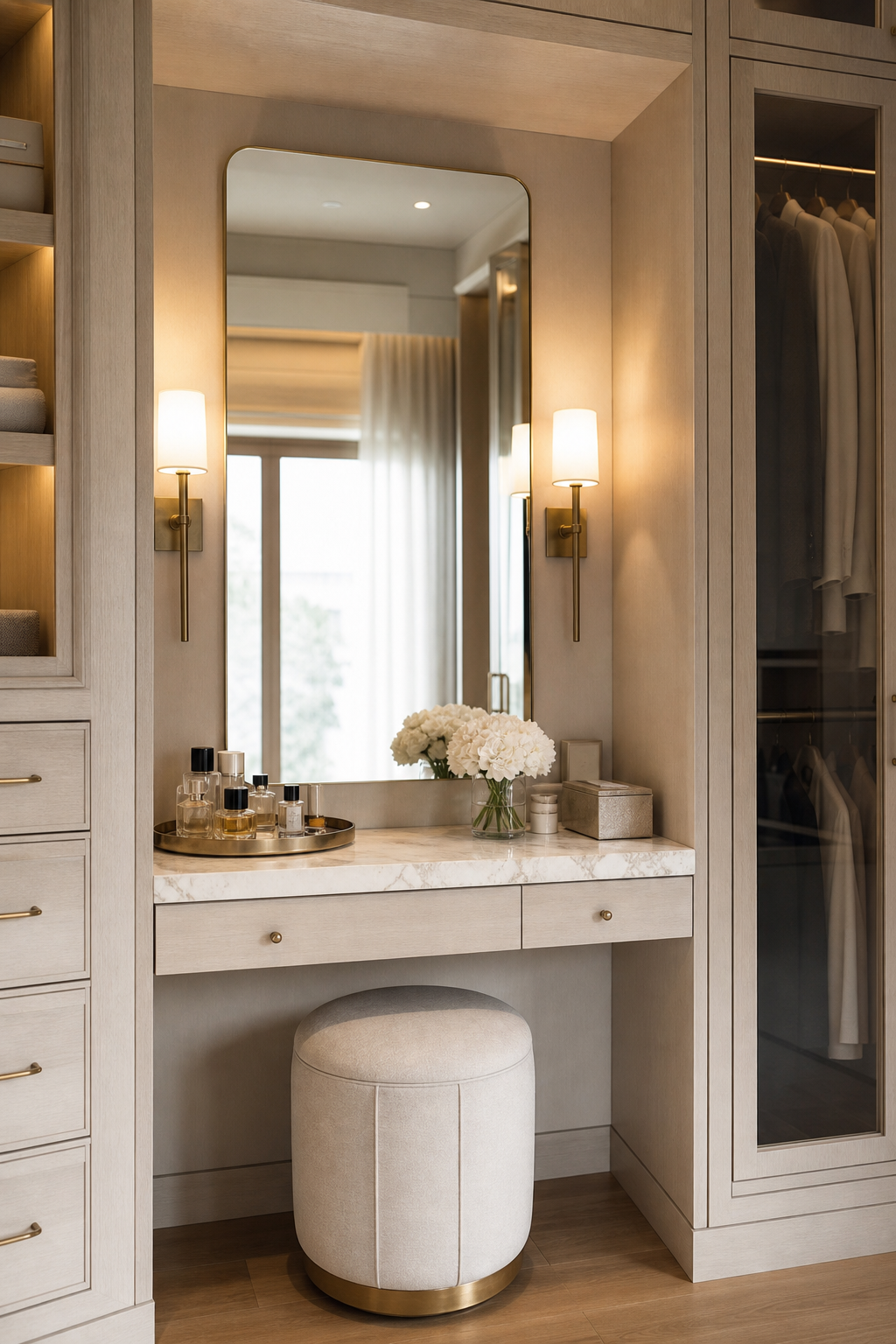 Luxury closet vanity nook with marble surface, upholstered stool, mirror sconces, and built-in drawers