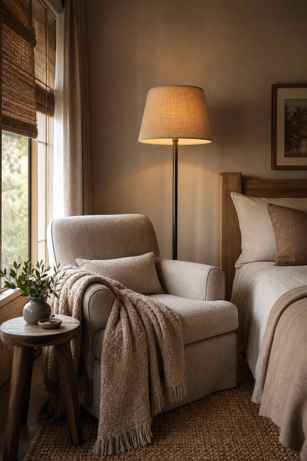 Earthy bedroom reading corner with linen chair, wood side table, floor lamp, and wool throw