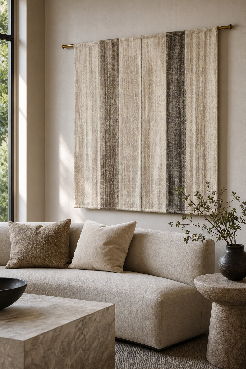 Minimal tapestry rod with woven fabric panel