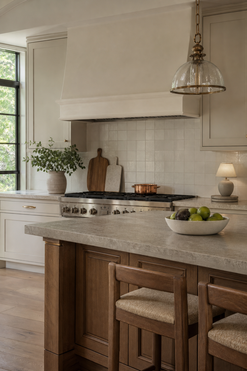 Warm functional kitchen with edited clear counters and practical styling