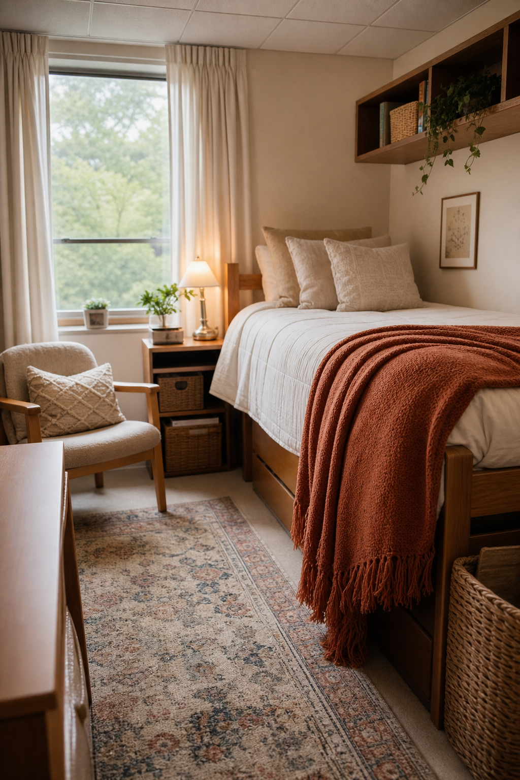 Dorm bed with washable rust throw blanket, cream bedding, and vintage rug