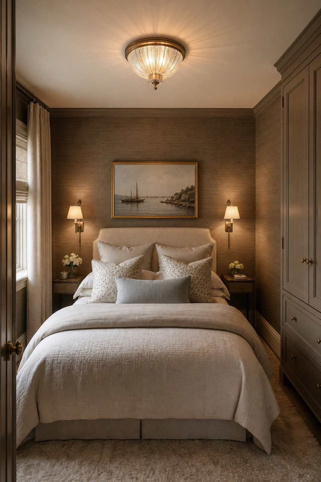Small cozy bedroom styled like a polished jewel box retreat