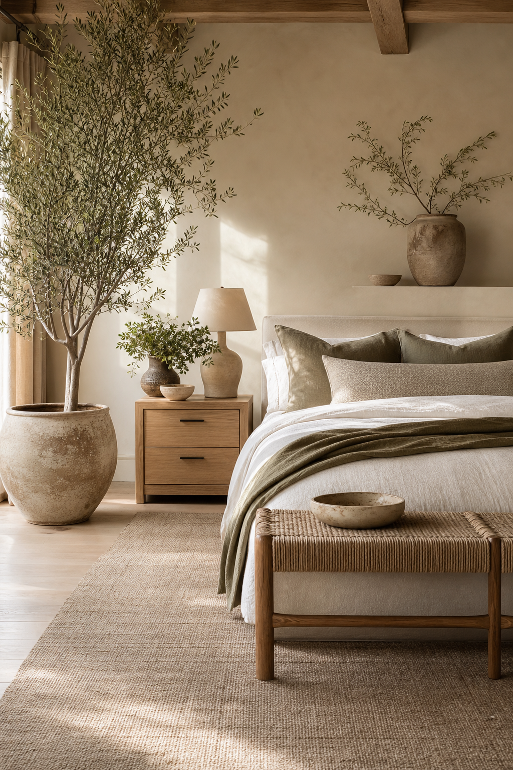 Organic luxury bedroom with olive tree and natural textures