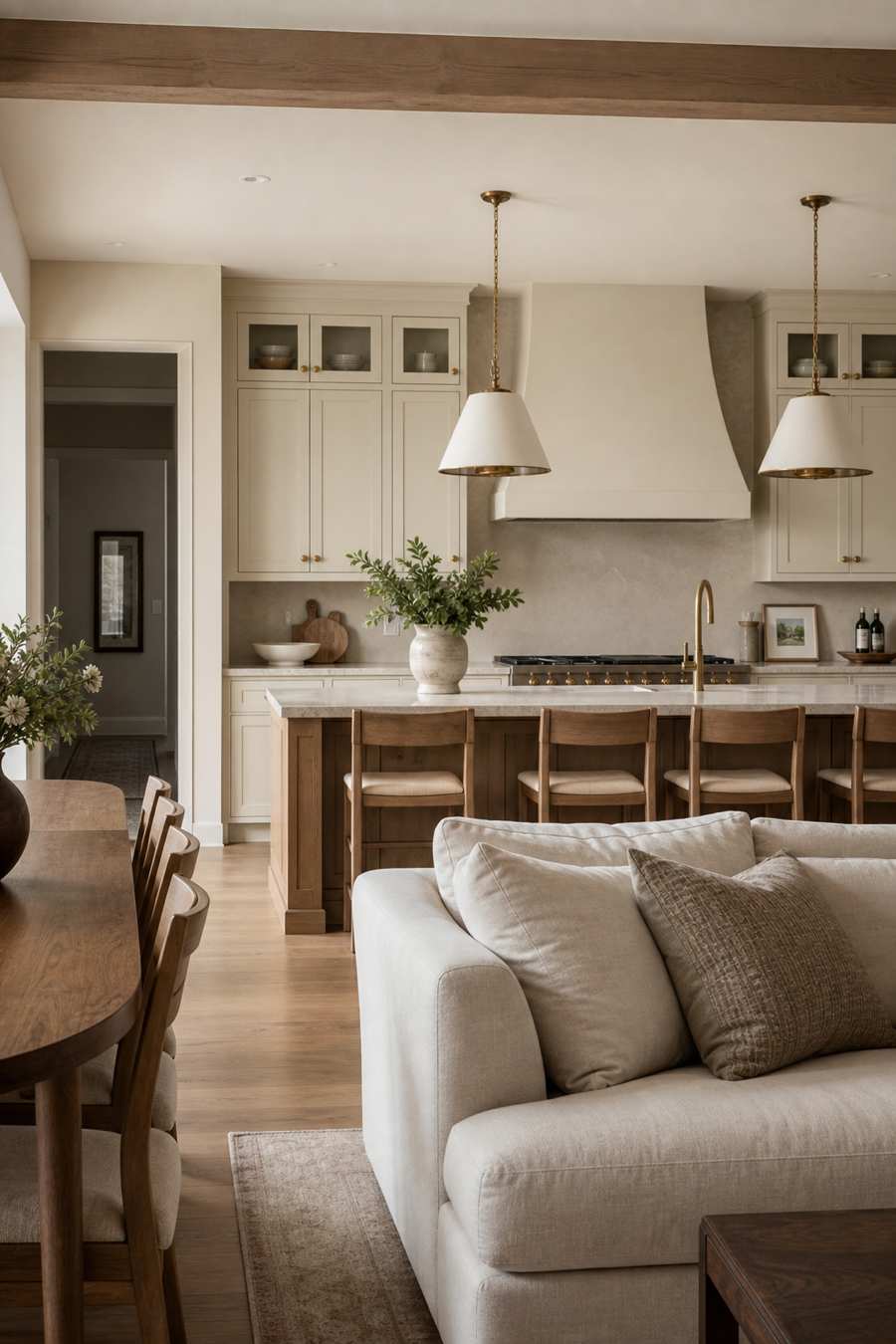 Cohesive open kitchen and living space with warm unified materials