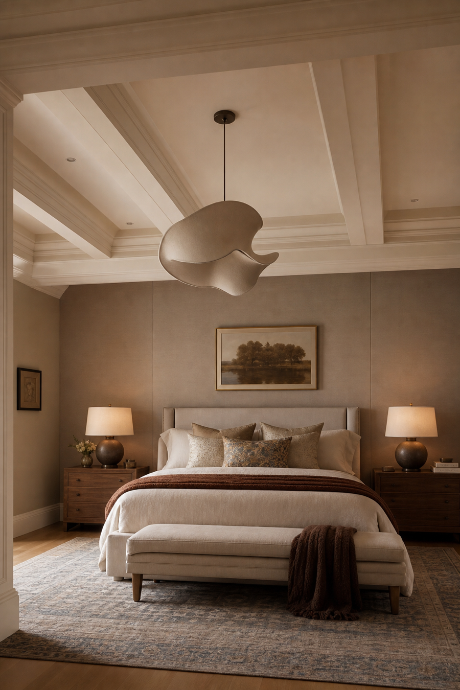 Dream room with ceiling detail and sculptural pendant