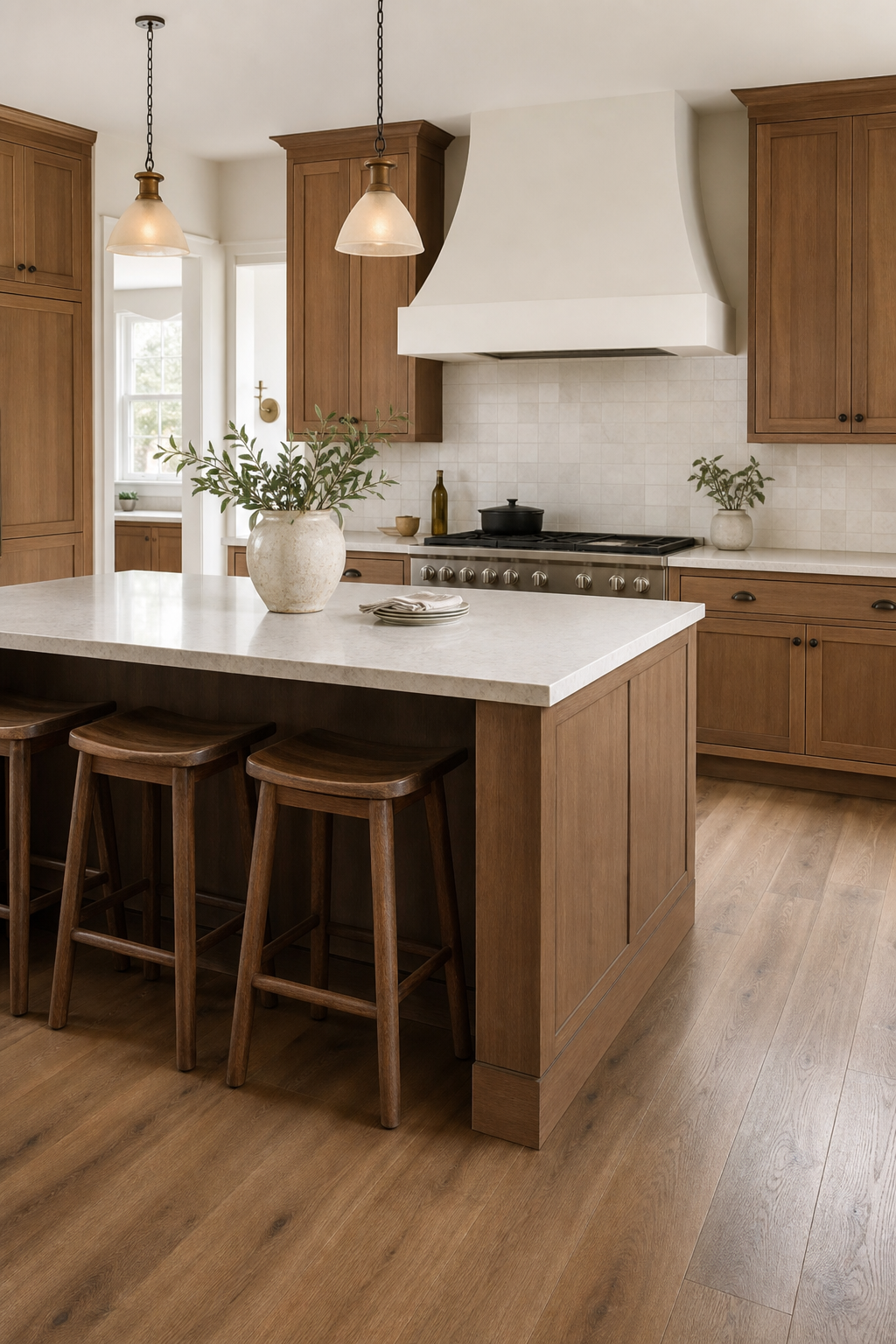 Simple kitchen island with warm wood stools tucked neatly under the counter