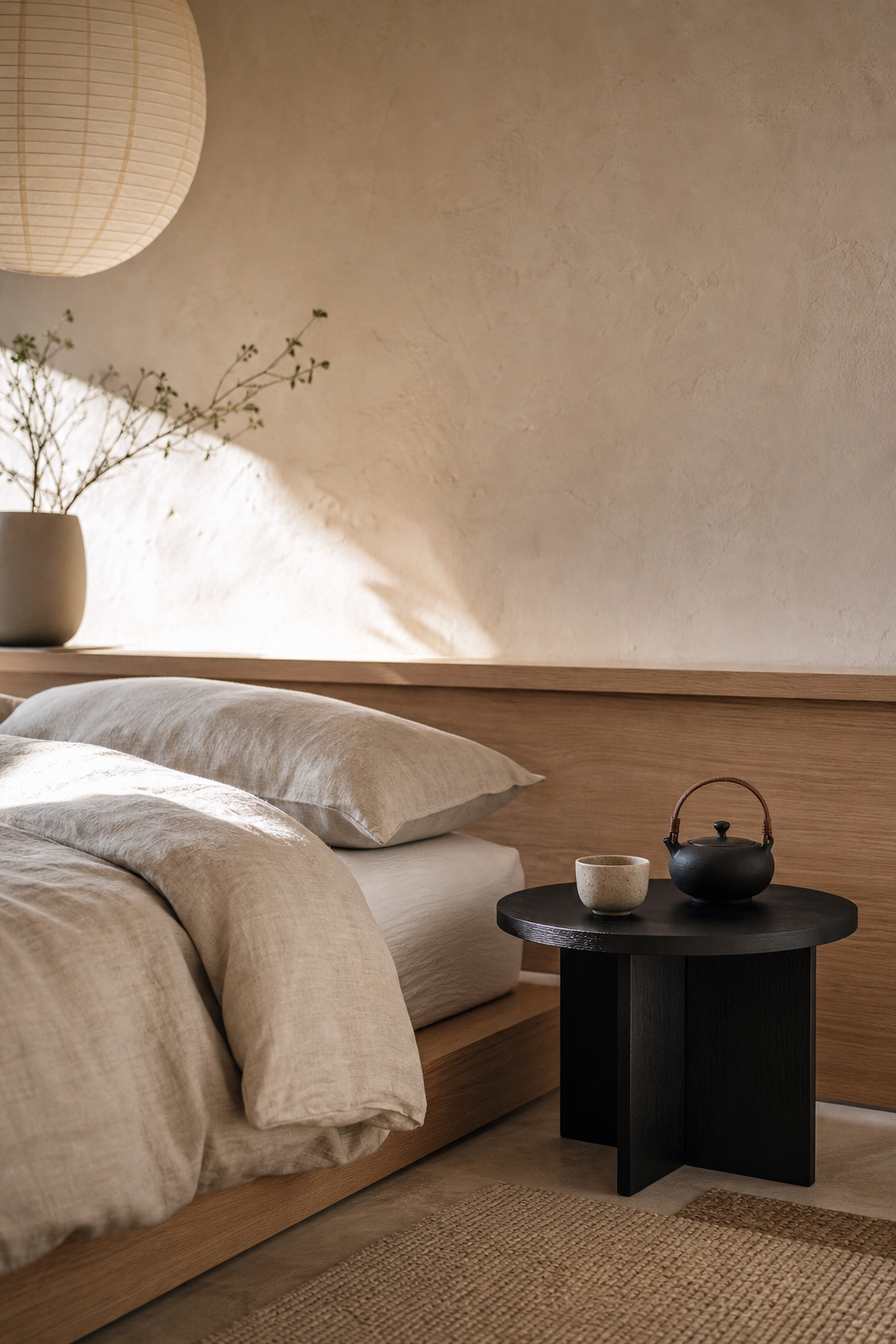 Japandi bedroom with use a Low Black Side Table