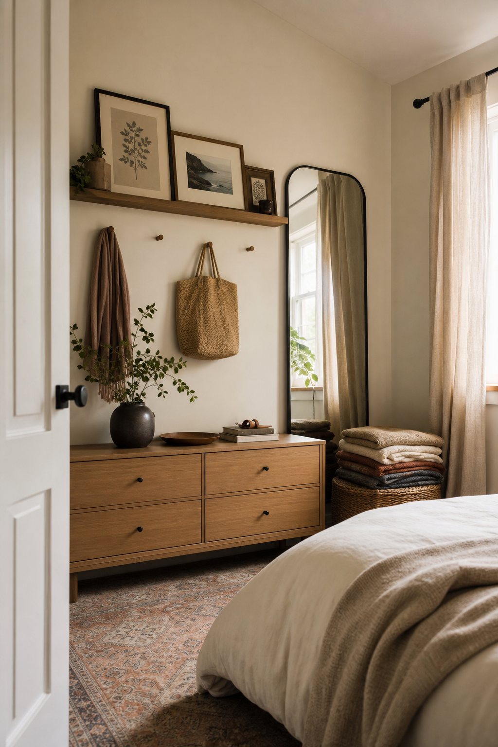 Small bedroom with low dresser, picture ledge, tall mirror, and wall hooks using vertical space
