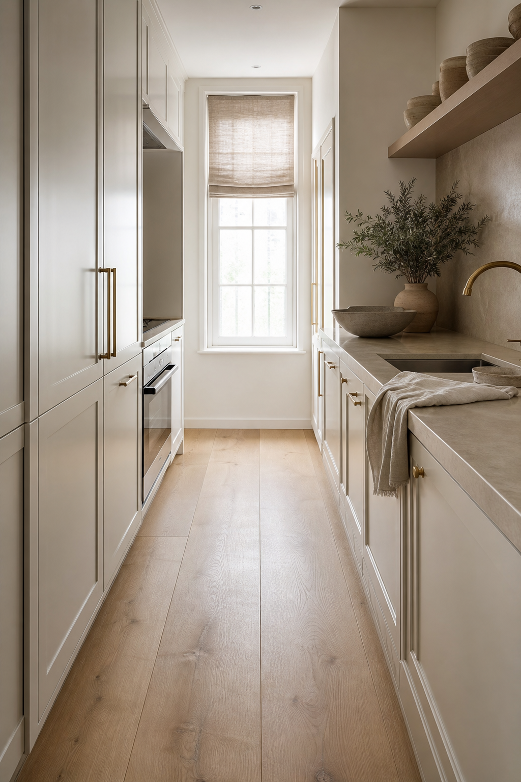 Narrow very small galley kitchen with lengthwise oak flooring, white cabinetry, and limestone counter
