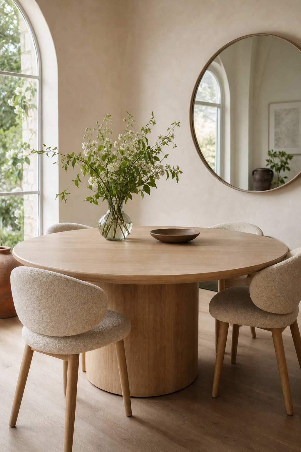 Scandinavian interior softened with rounded furniture and oval mirror
