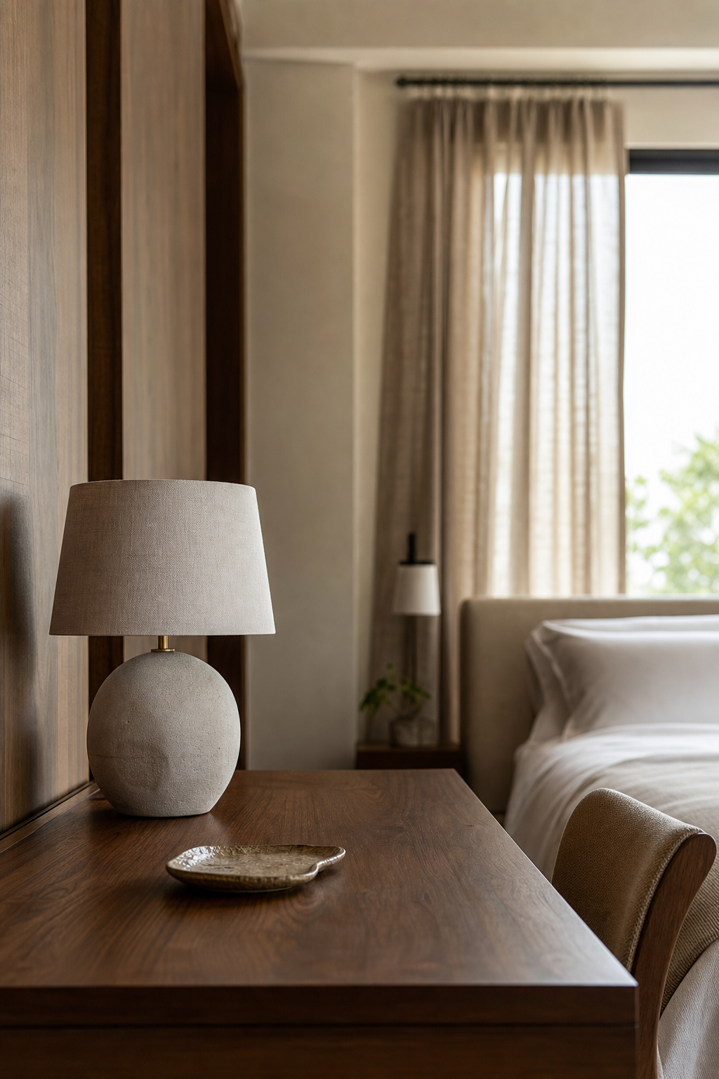 Calm personal bedroom with almost empty nightstand, ceramic lamp, small dish, and linen bed