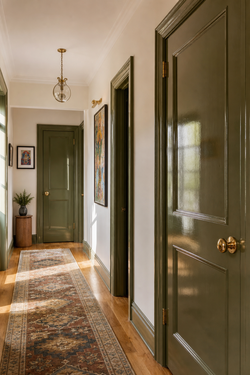 Refined hallway with glossy olive doors, brass hardware, patterned runner, and colorful artwork