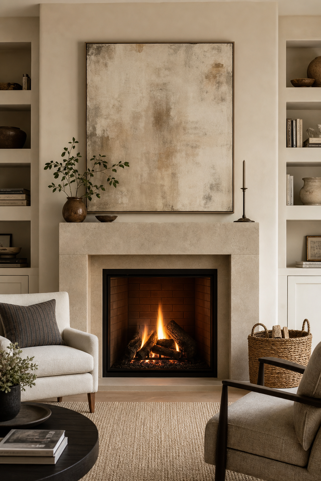 Balanced fireplace wall with stone surround, abstract art, built-ins, and woven log basket
