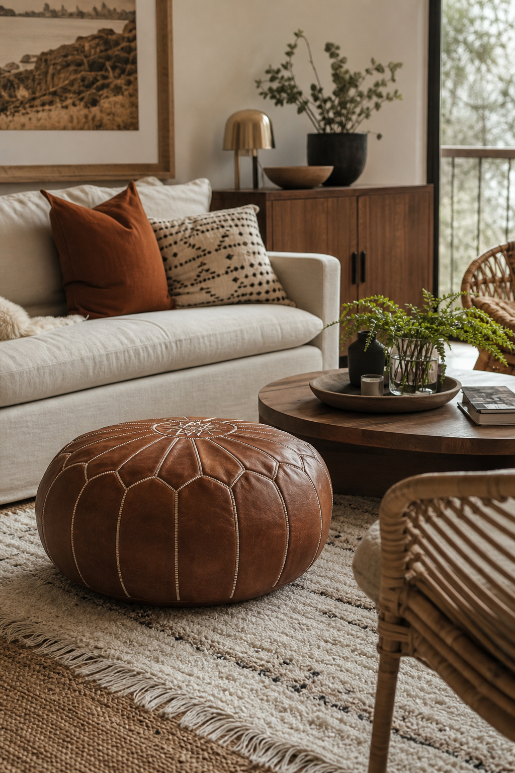 Leather pouf providing flexible seating in a cozy boho living room