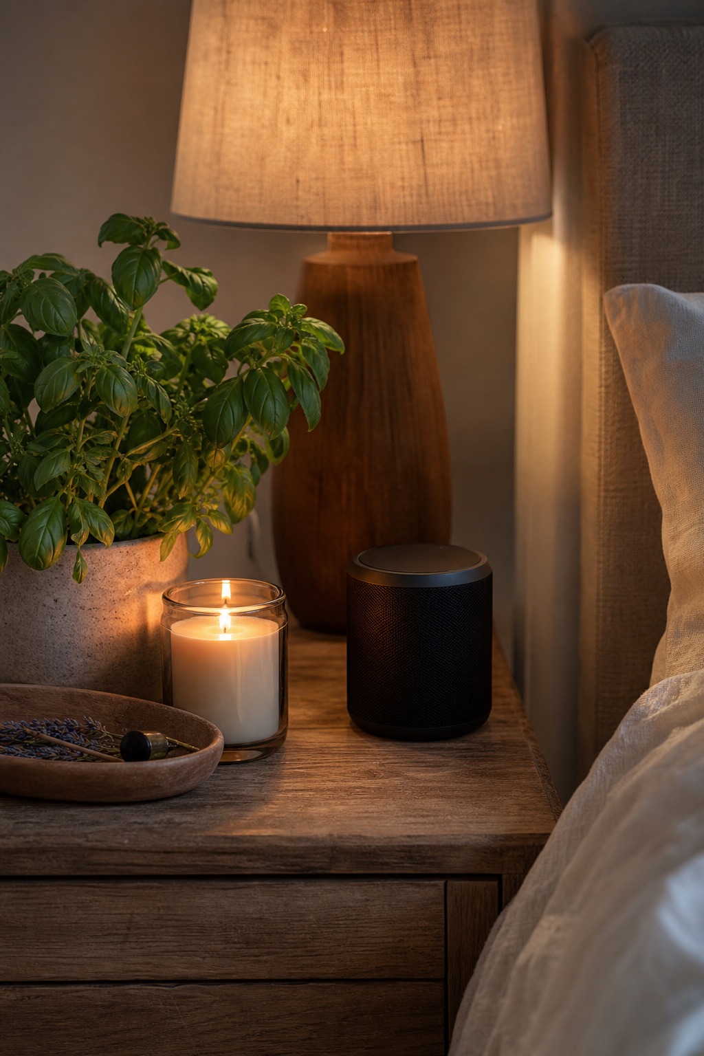 Cozy apartment vignette with candle speaker herbs and warm light