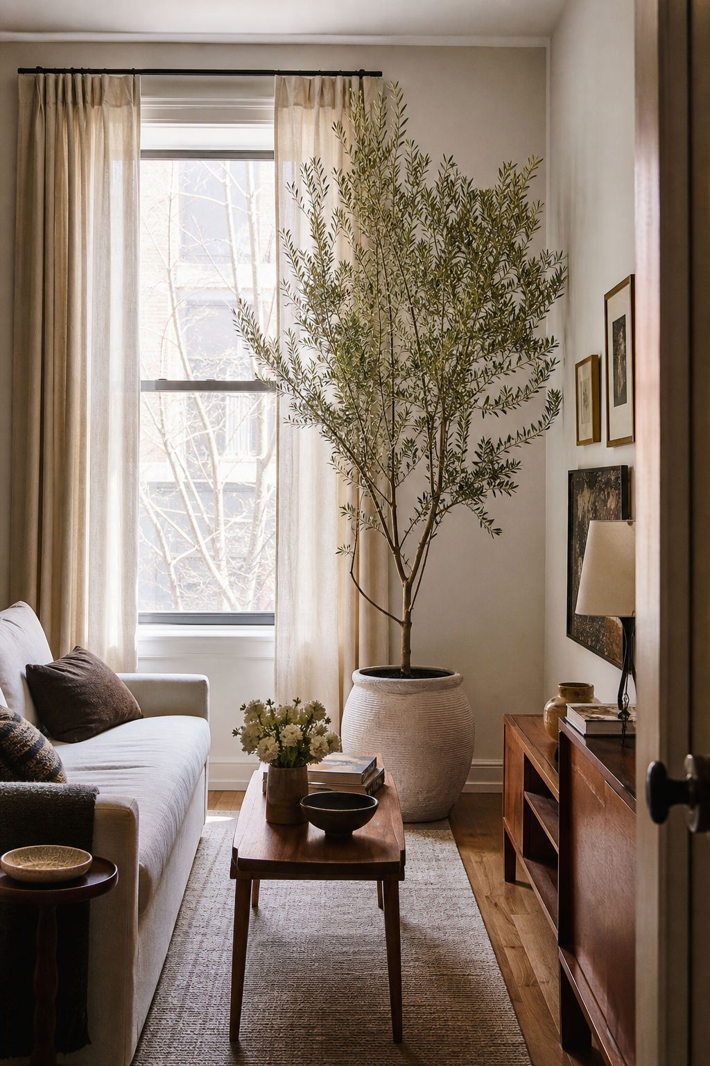 Small living room with one tall statement plant for height