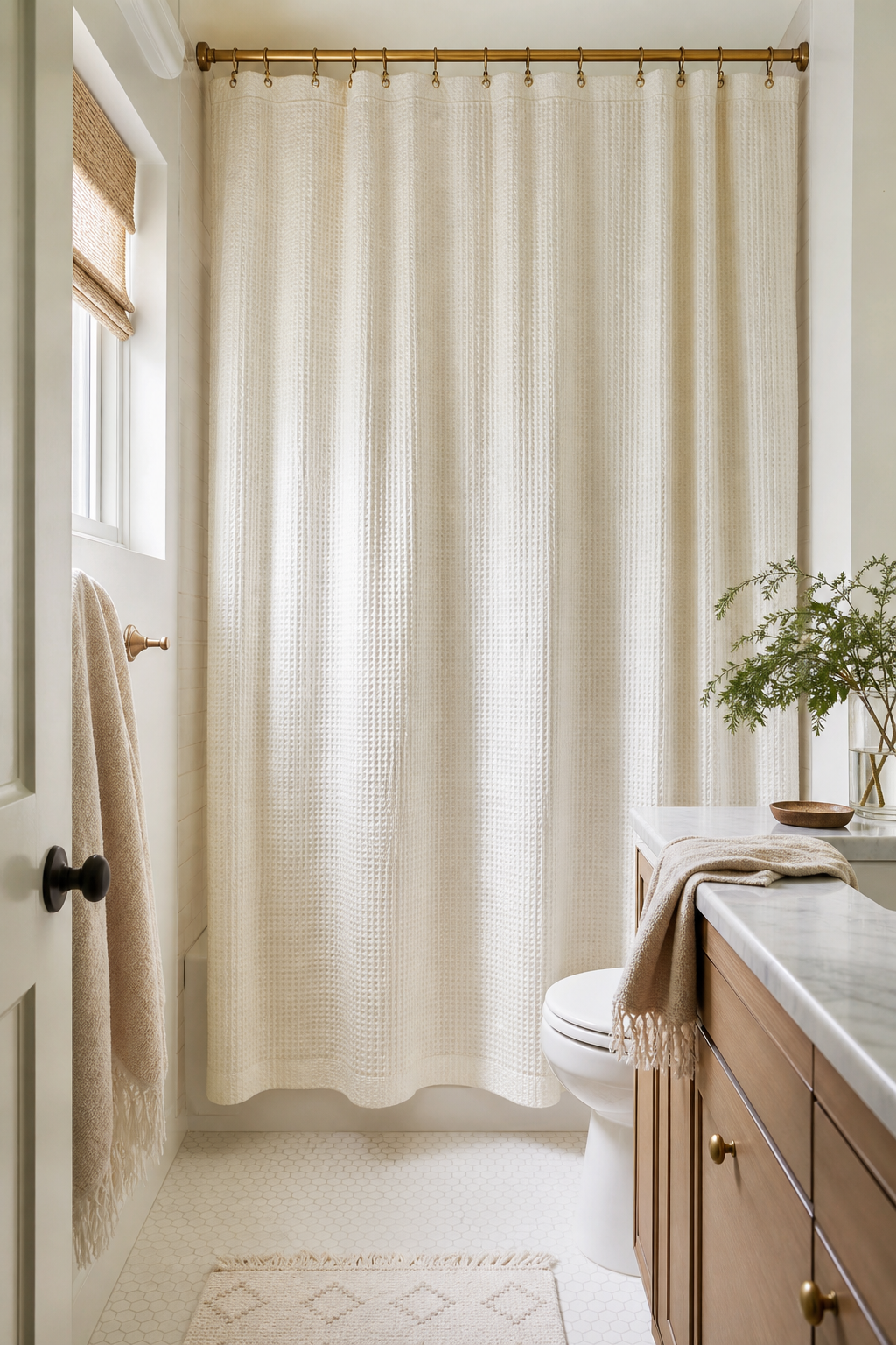 Small bathroom with high-hung cream shower curtain