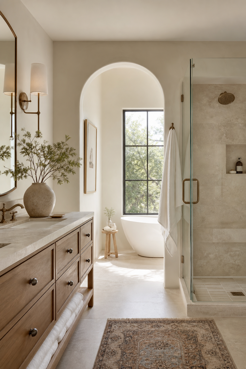 Soft neutral painted walls in a master bathroom