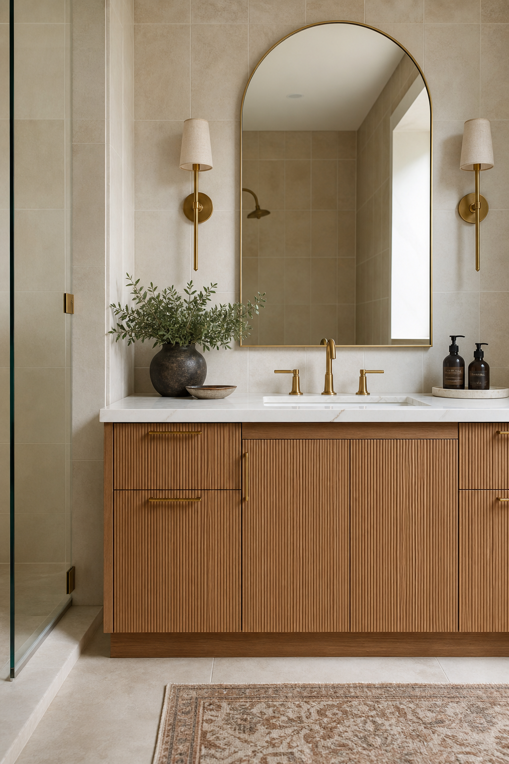 add texture with reeded cabinet doors in a cozy spa-like bathroom