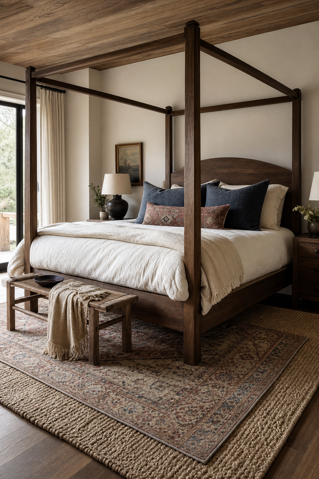 Canopy bed grounded with layered natural fiber and vintage rugs