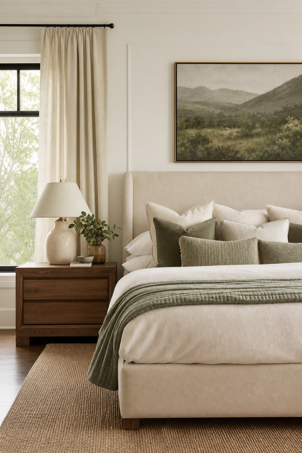 Simple bedroom palette with ivory walnut and sage notes