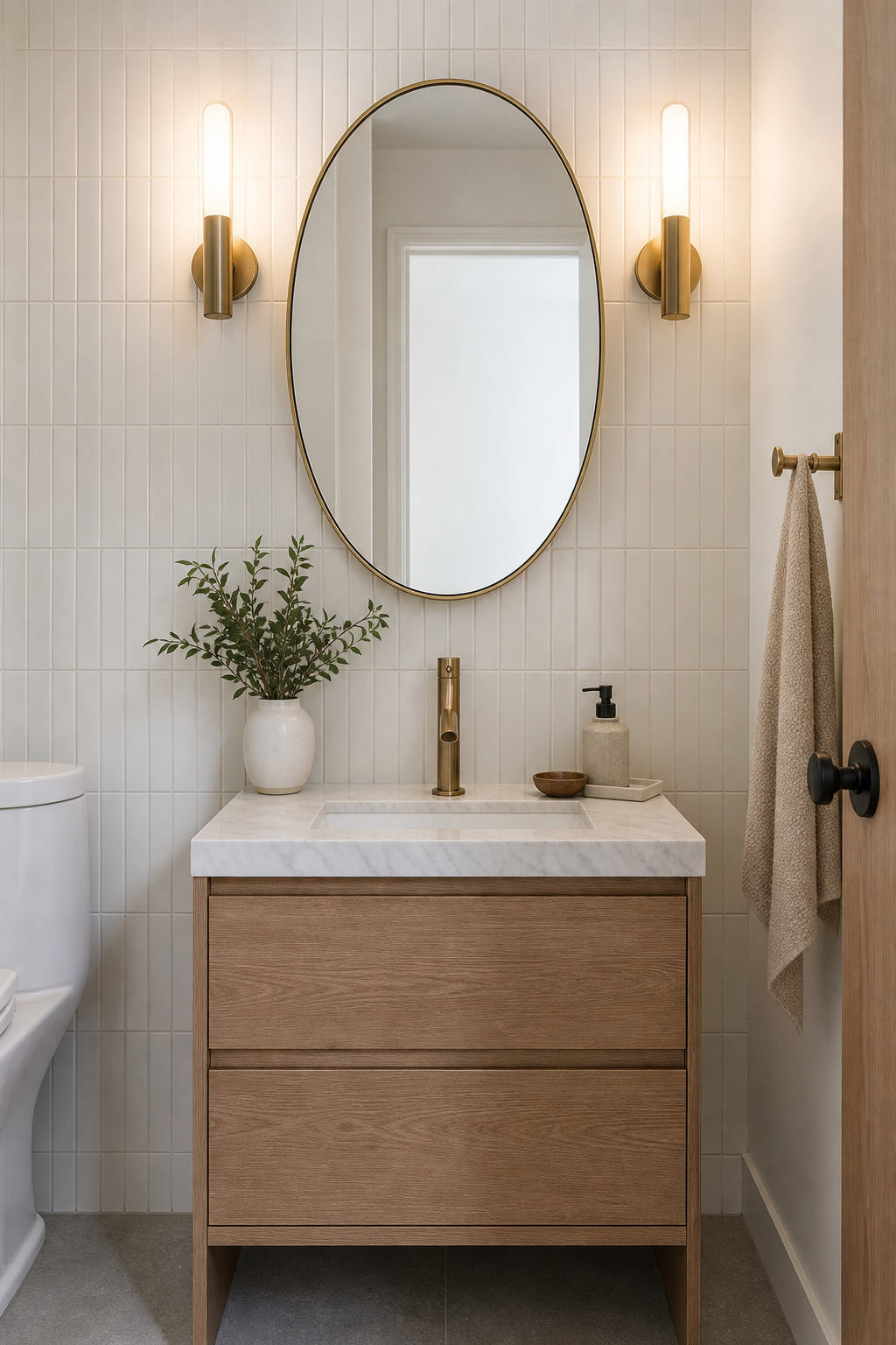 Small bathroom interior idea with choose an oval mirror to soften hard lines