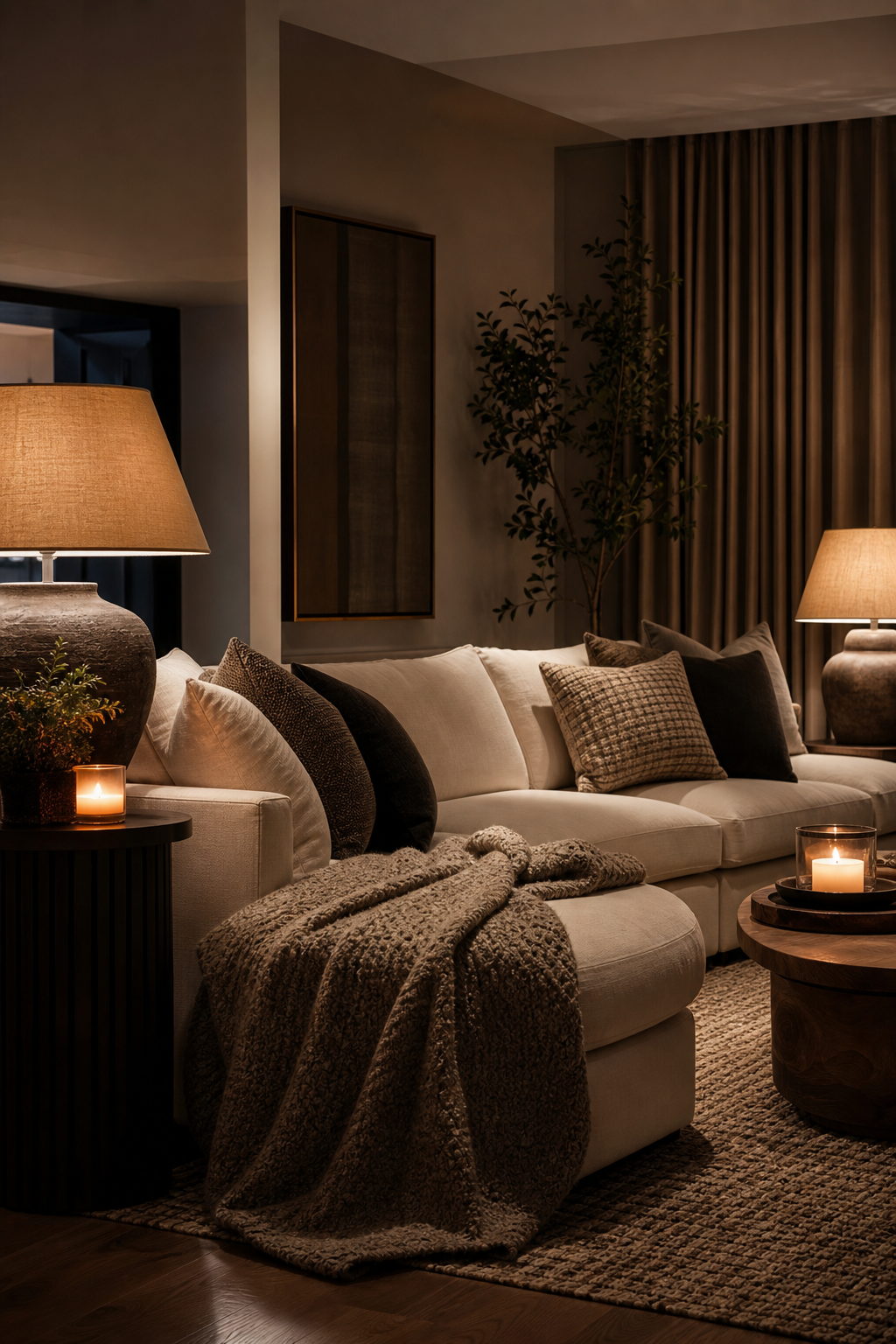 Cozy living room at evening with warm lamps and layered textiles