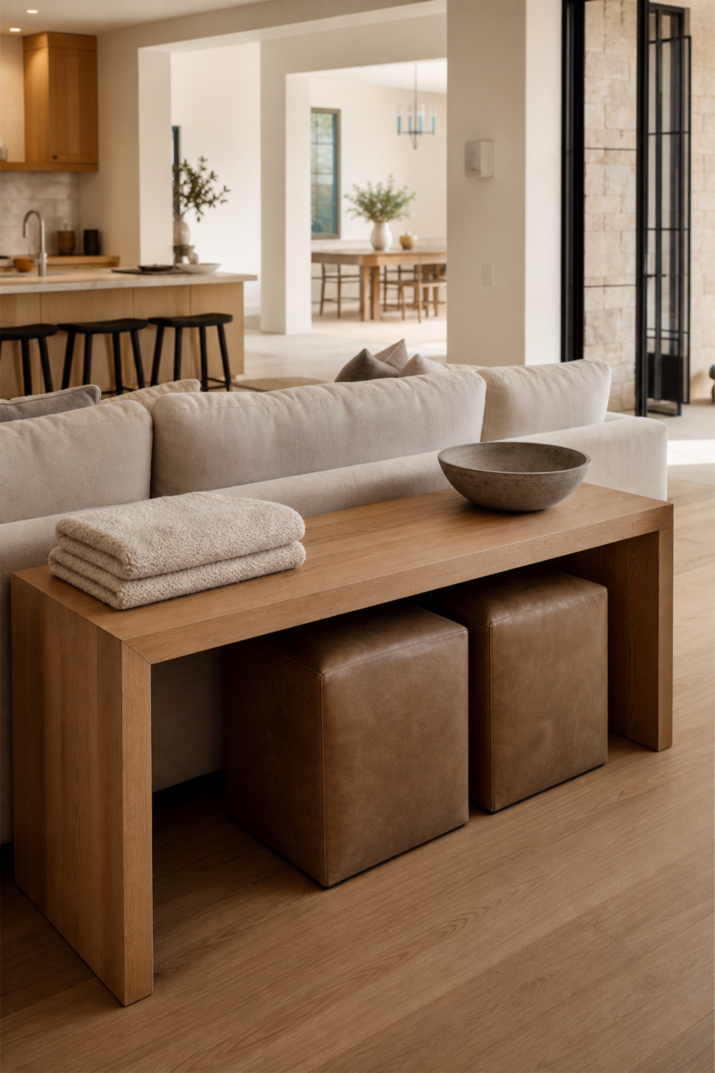 use a bench as flexible seating in a cozy minimalist living room