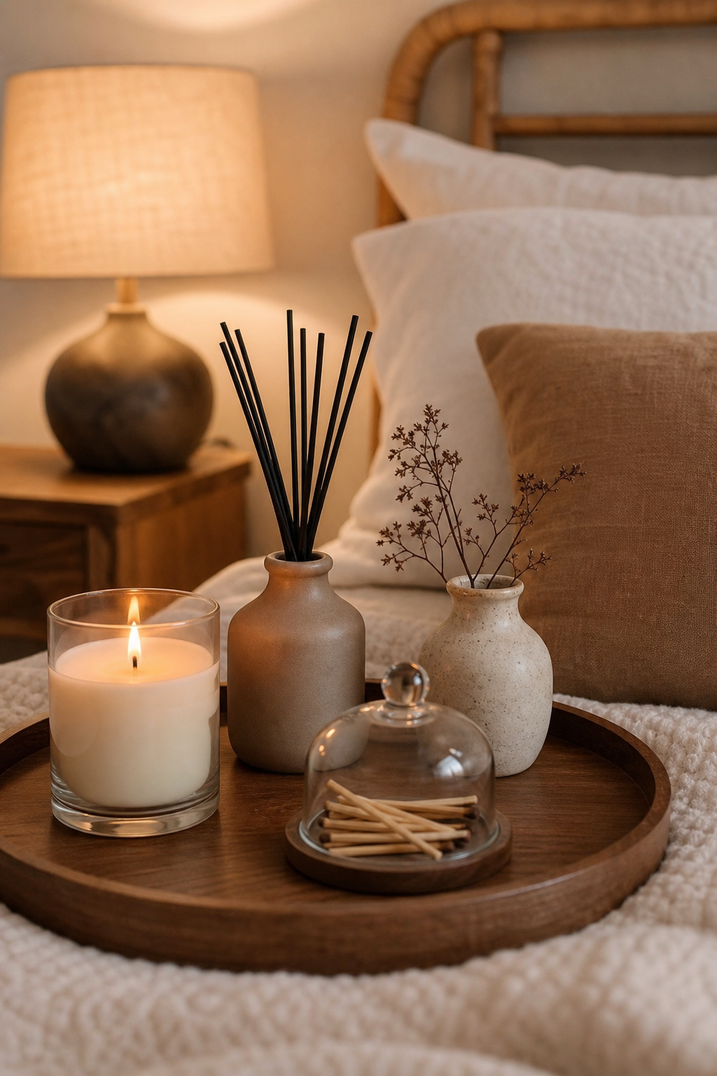 Scent tray with candle, reed diffuser, tiny vase, and warm room styling
