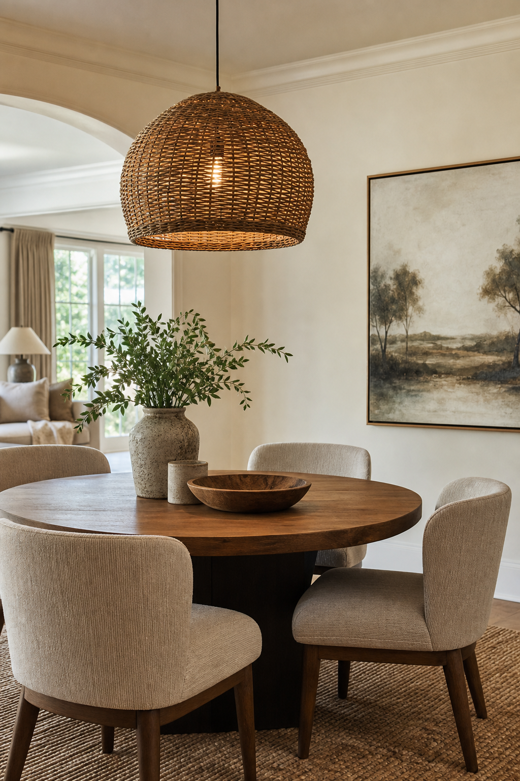 Dining area defined by statement woven pendant light