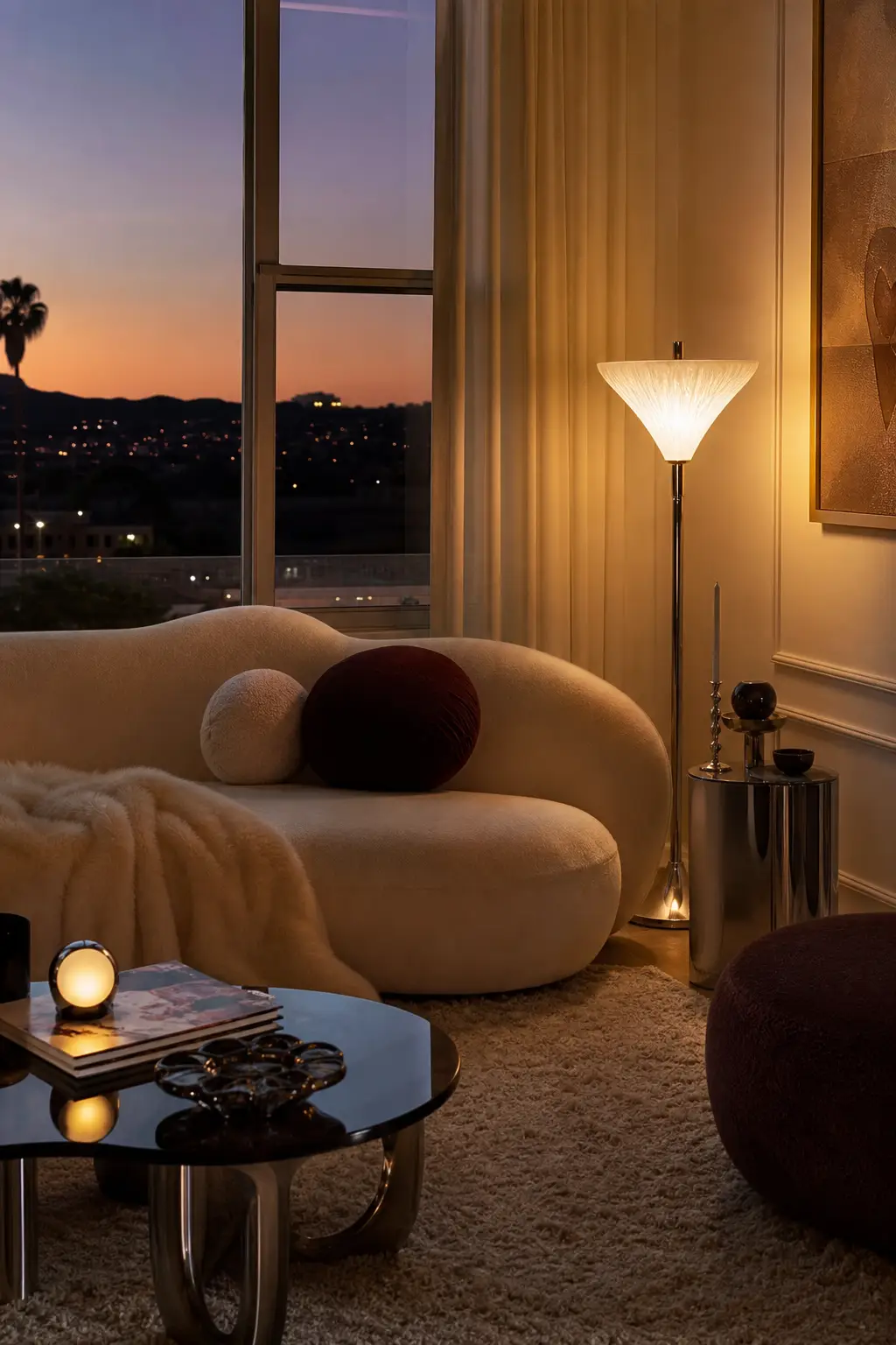 finish with soft ambient light in a cozy Y2K living room