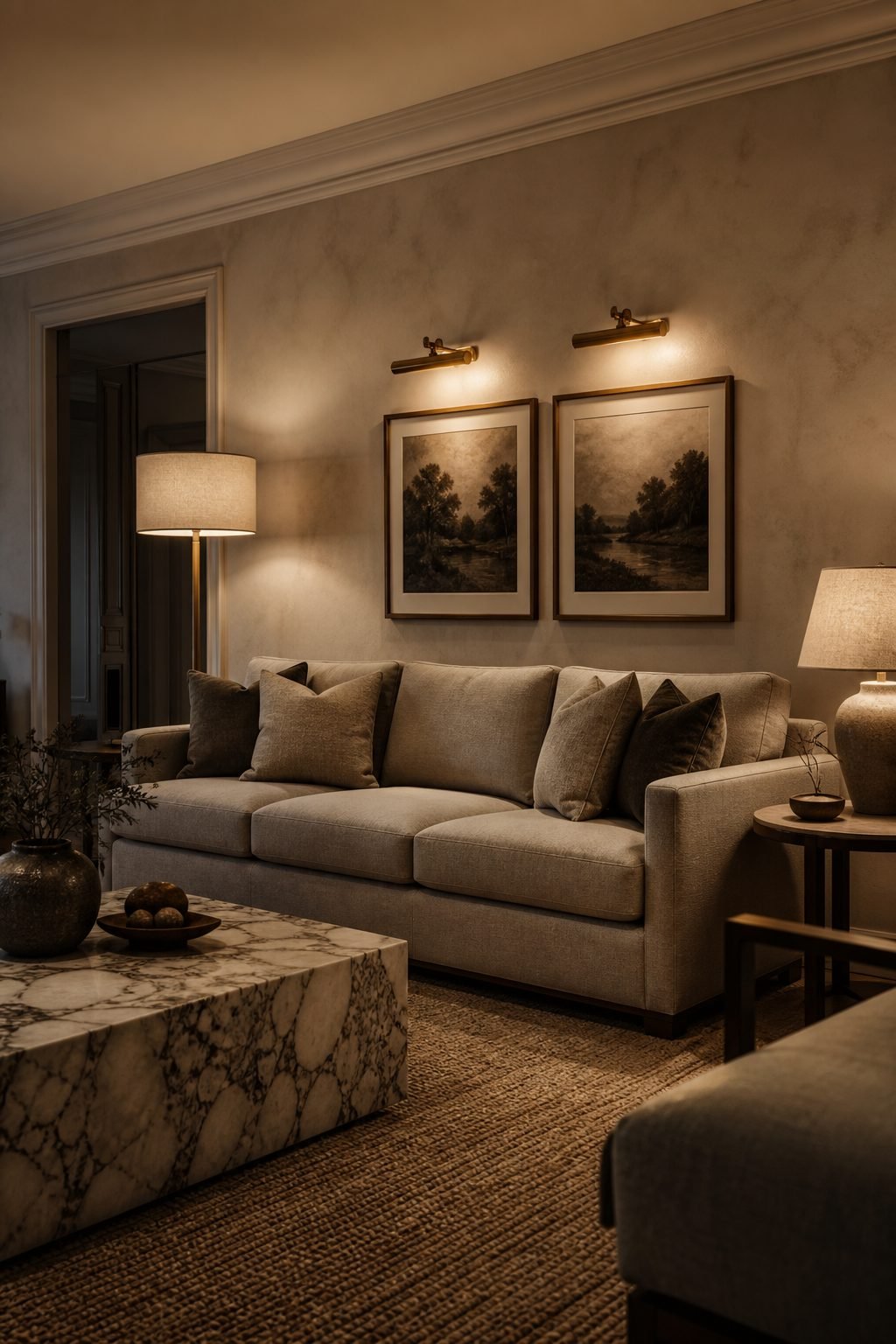 Taupe 3 seater sofa enhanced by layered floor lamps, table lamps, and wall sconces