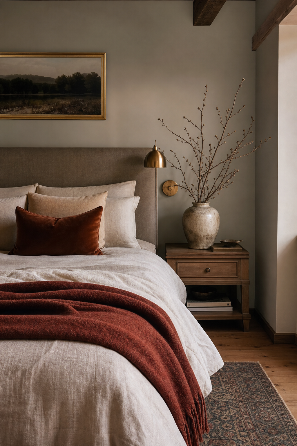 Cozy bedroom with seasonal wool throw, velvet cushion, and ceramic branch arrangement