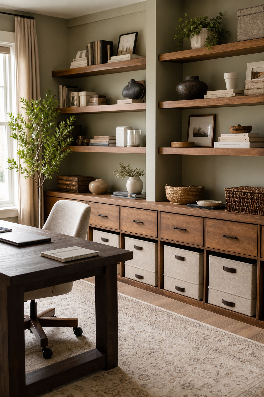 Home office with practical storage and decor, linen boxes, wood credenza, styled shelves, desk, warm neutral design