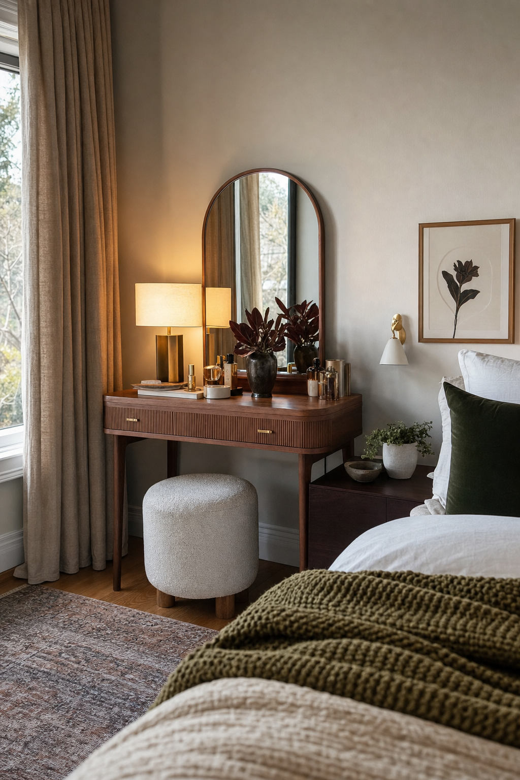 Add A Small Vanity Moment in a cozy Pinterest-worthy bedroom