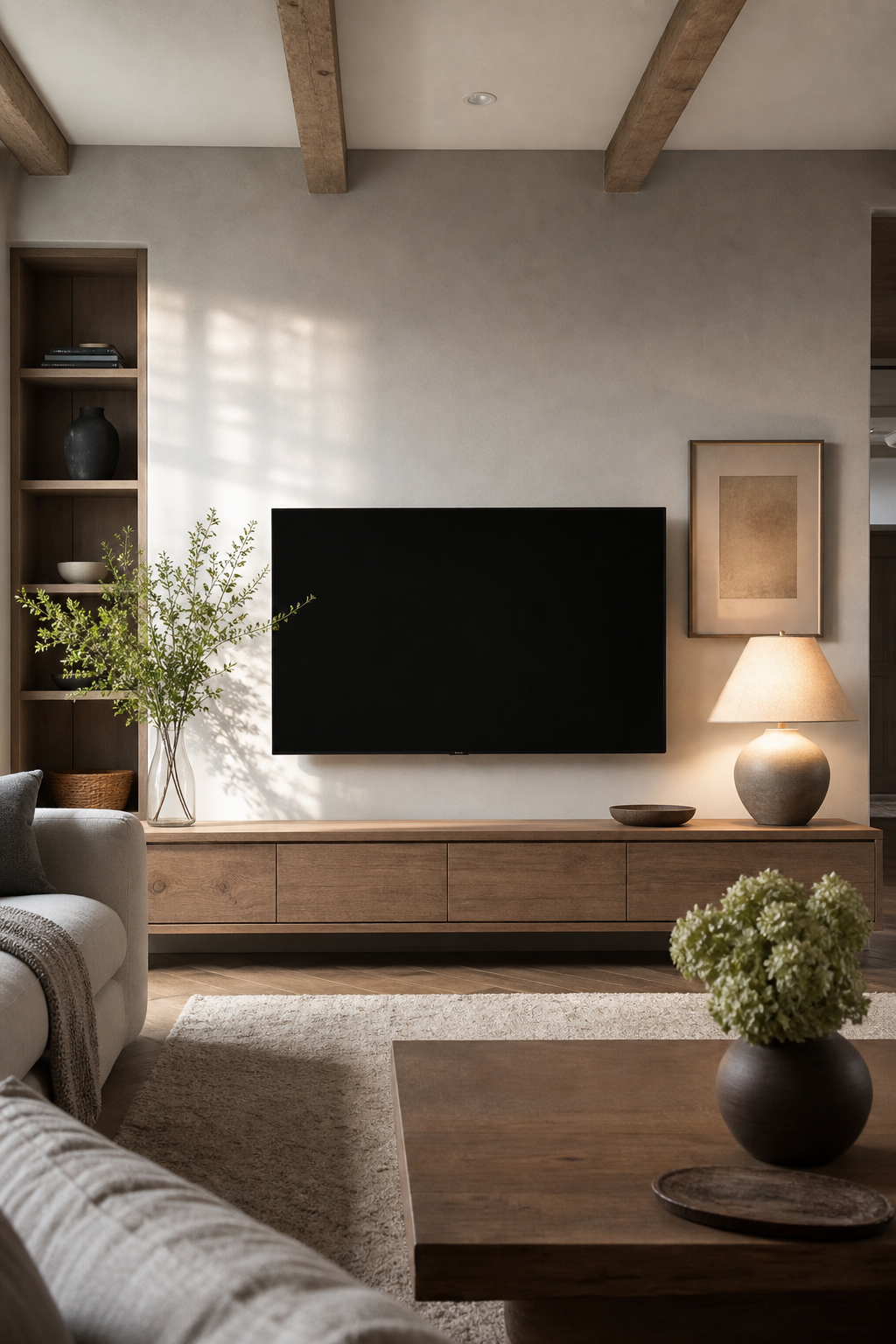 Make The TV Wall Feel Intentional in a cozy designer living room