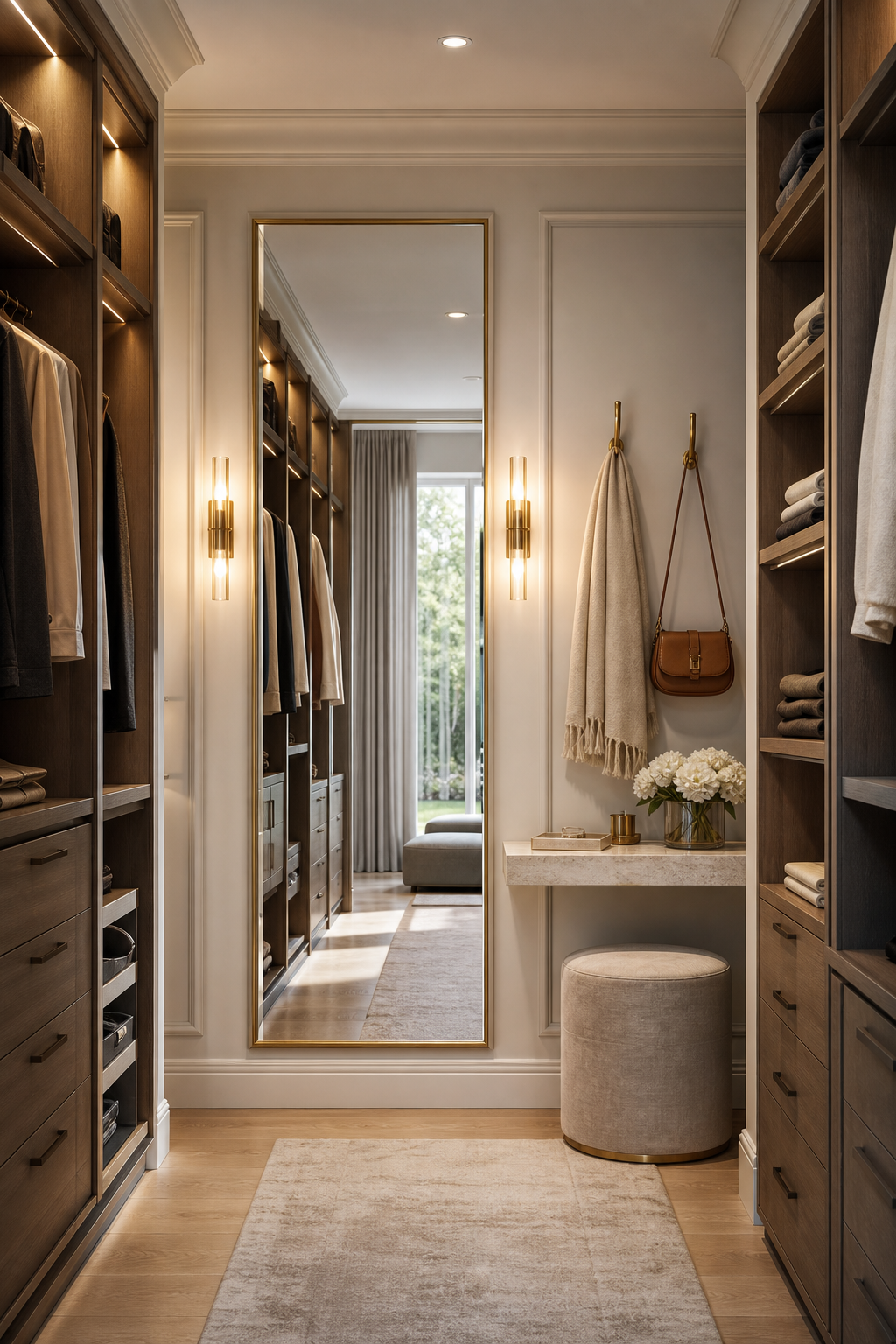 Dressing closet idea with finish with a full-length styling zone