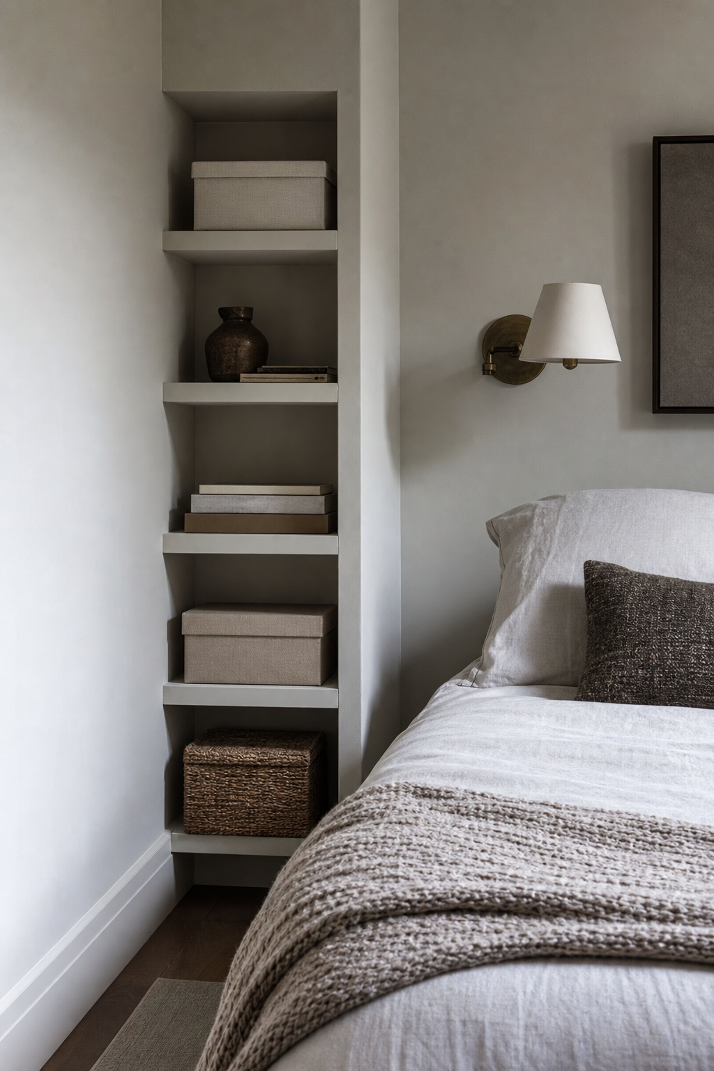 Small bedroom niche turned into seamless built-in shelves