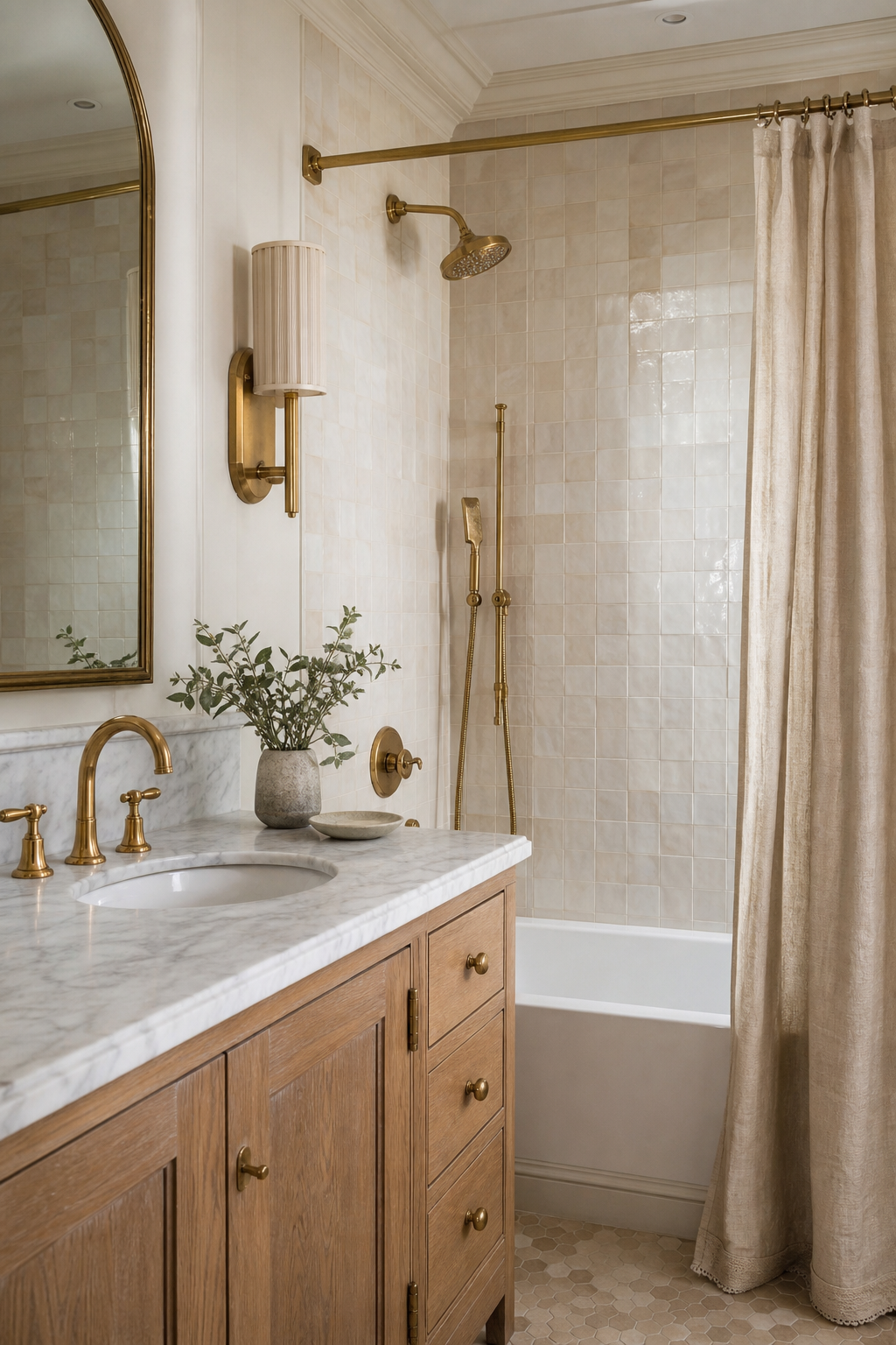 Mix marble with handmade tile in a spa-like guest bathroom