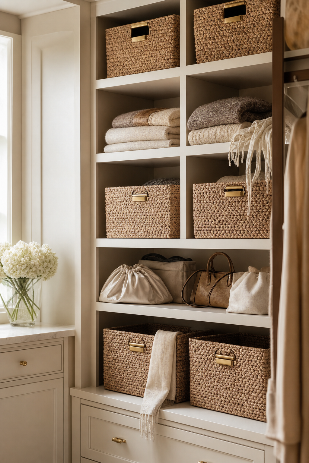 Open closet shelving with matching woven baskets, folded linens, scarves, and brass label holders